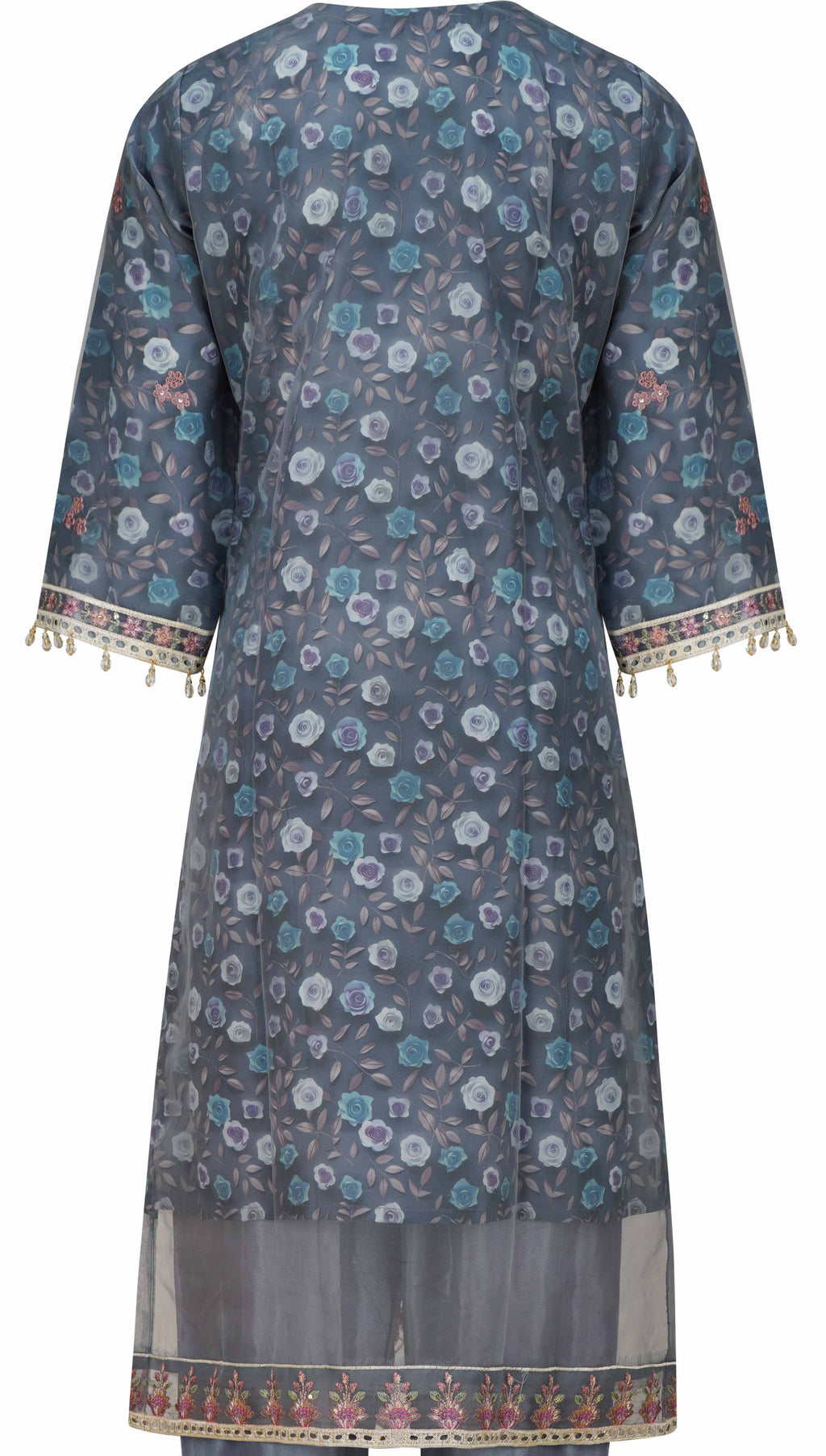 Slate Grey Organza Embroidered Three-Piece Set with Tassel Dupatta