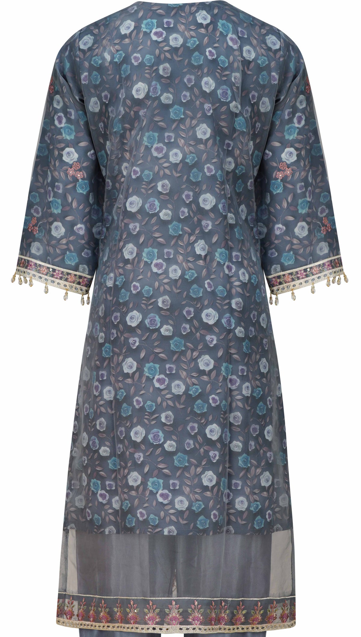 Slate Grey Organza Embroidered Three-Piece Set with Tassel Dupatta