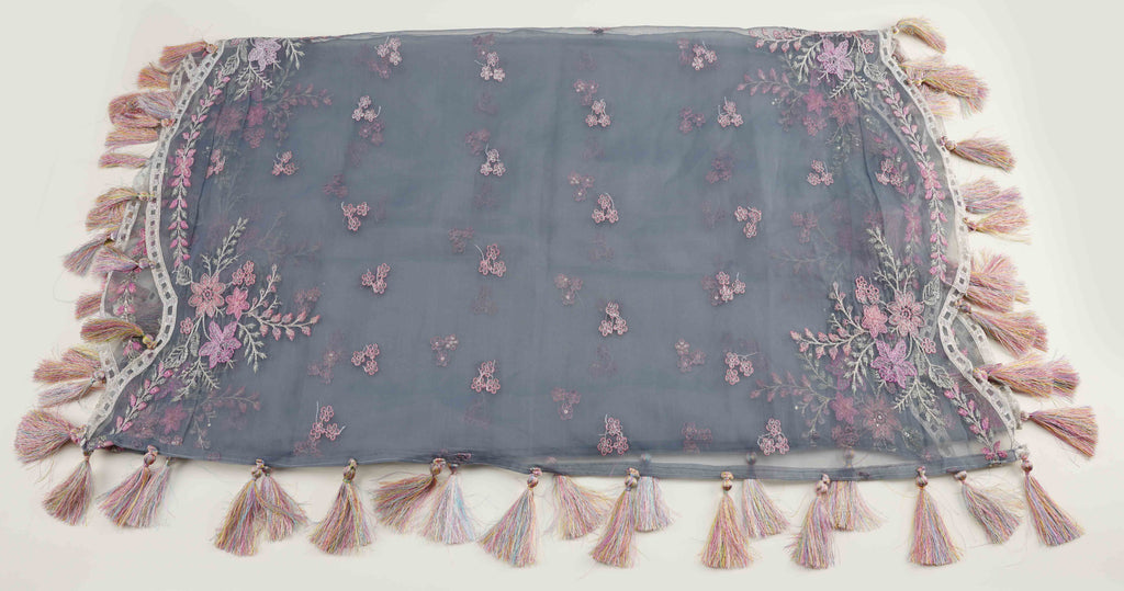 Slate Grey Organza Embroidered Three-Piece Set with Tassel Dupatta