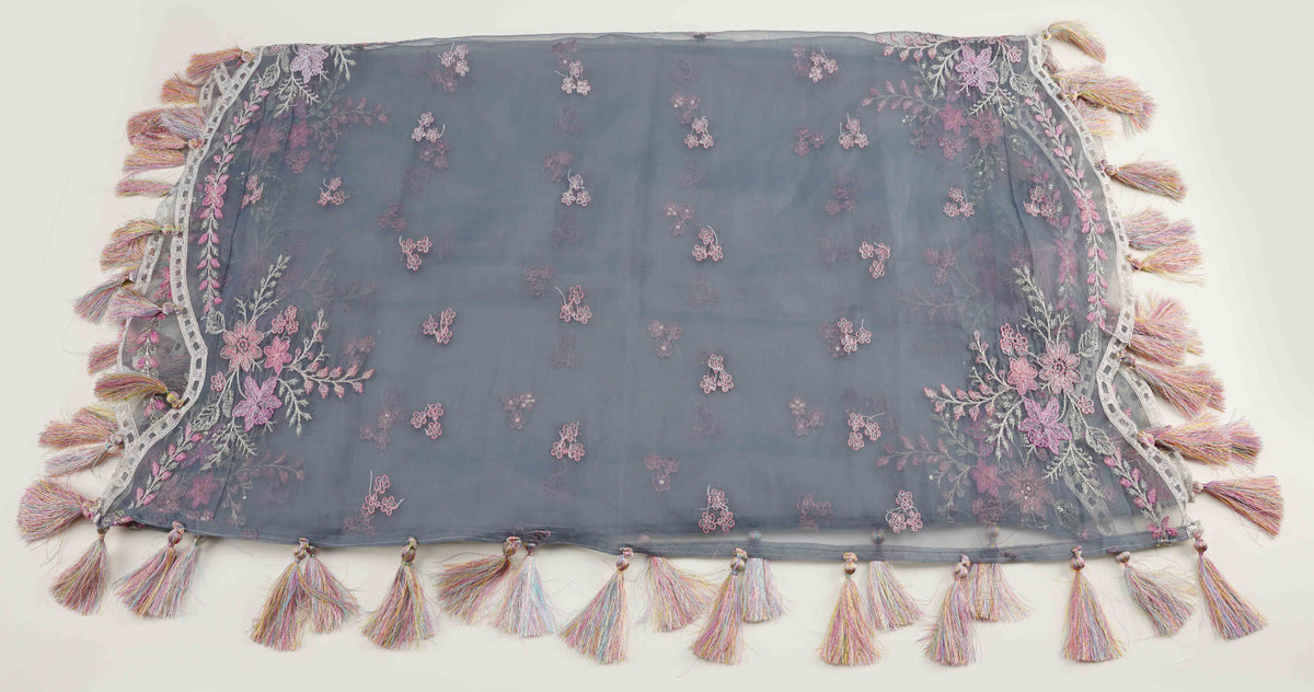 Slate Grey Organza Embroidered Three-Piece Set with Tassel Dupatta