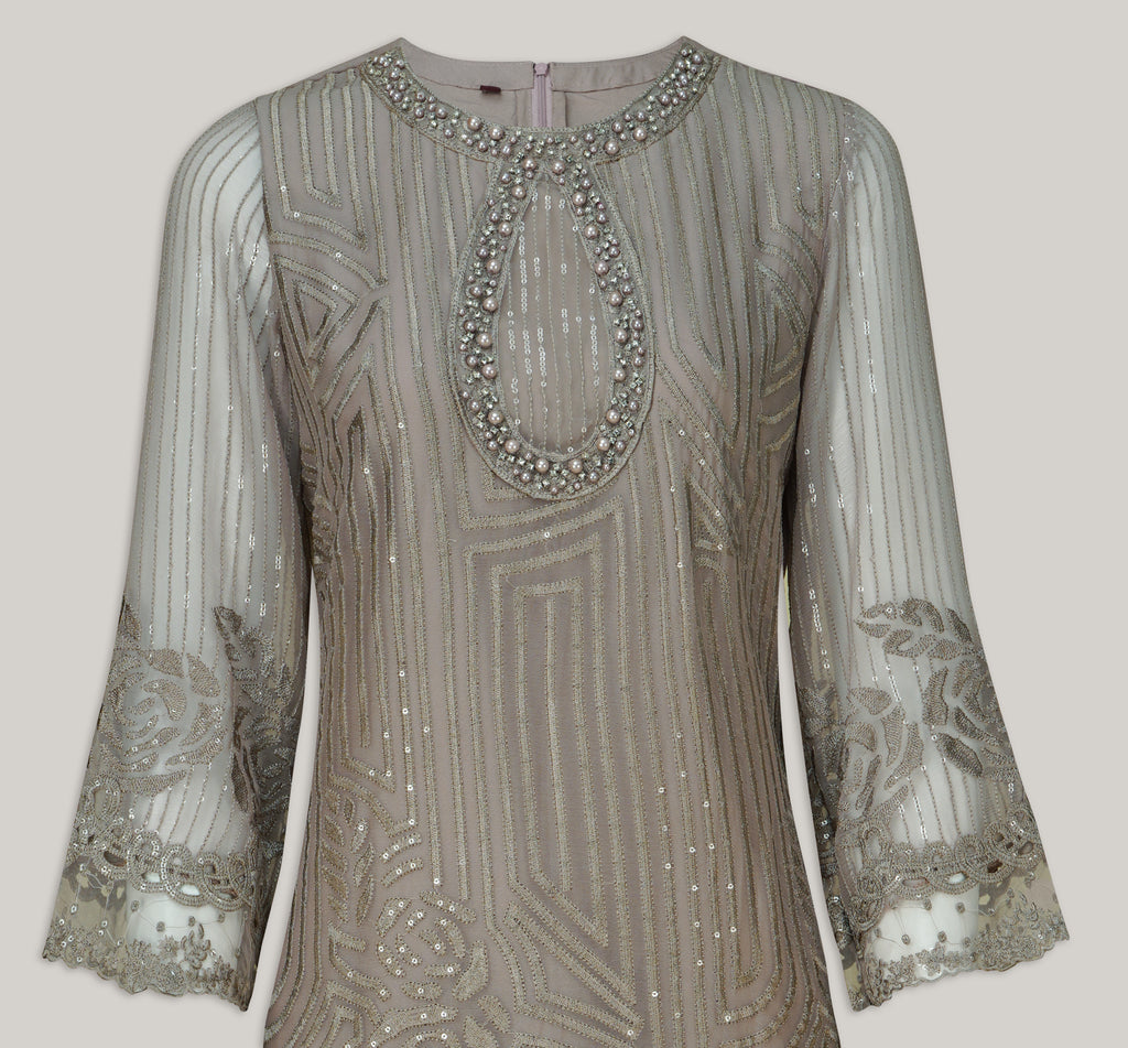 Dove Grey Embellished Chiffon Three-Piece Suit