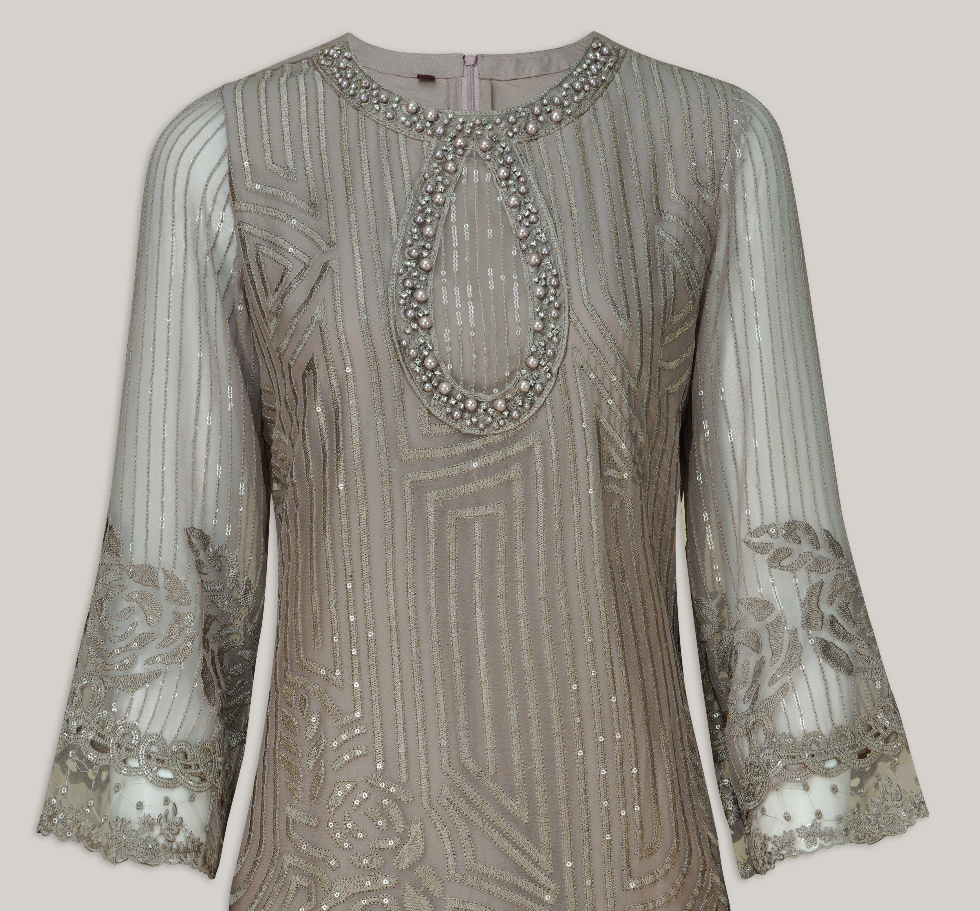 Dove Grey Embellished Chiffon Three-Piece Suit