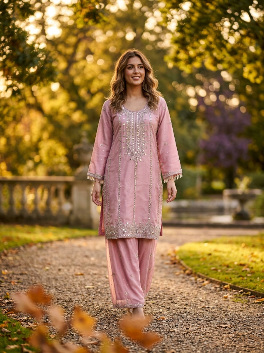 Light Pink Chiffon Zardozi Three Piece Suit