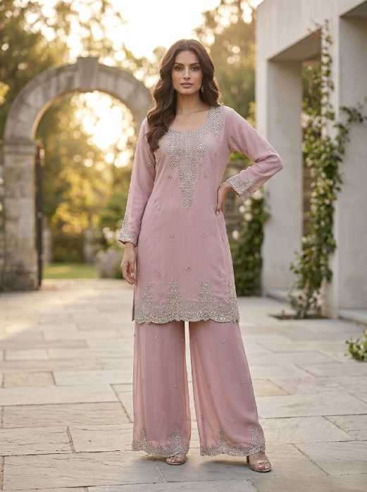 Light Brown Chiffon Zardozi Three Piece Suit