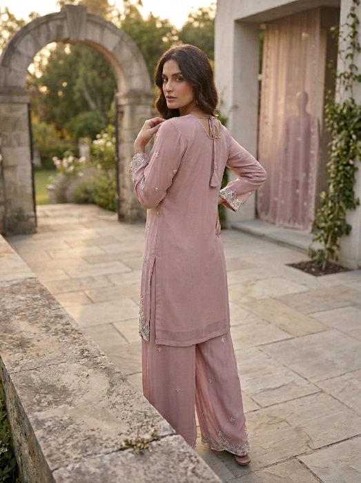 Light Brown Chiffon Zardozi Three Piece Suit