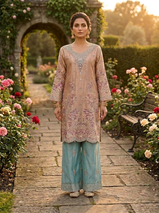 Beige Brown Sequin Embroidered Three Piece Suit