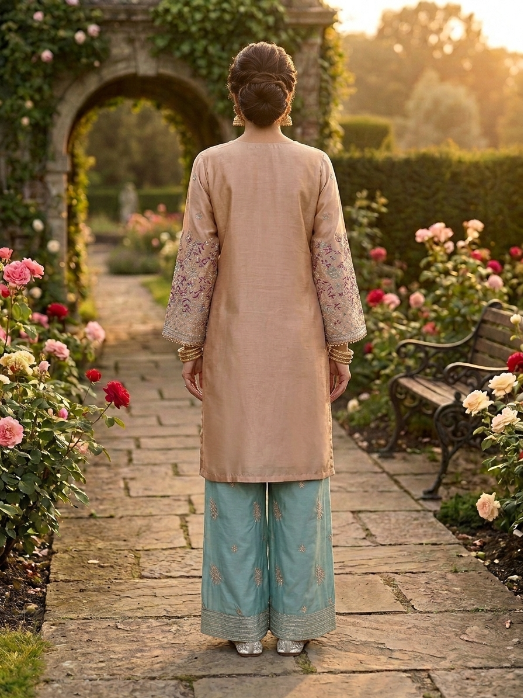 Beige Brown Sequin Embroidered Three Piece Suit