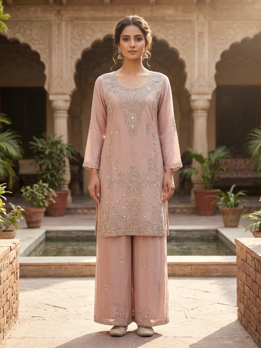 Light Brown Chiffon Zardozi Three Piece Suit