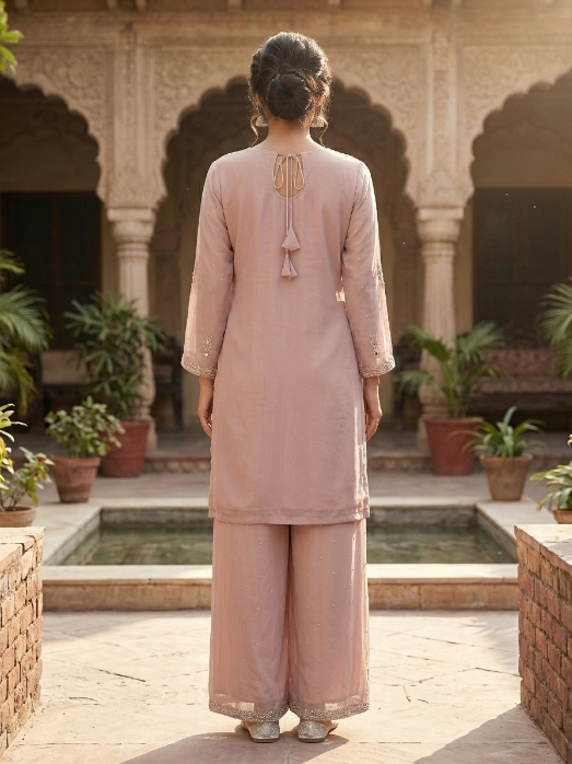 Light Brown Chiffon Zardozi Three Piece Suit