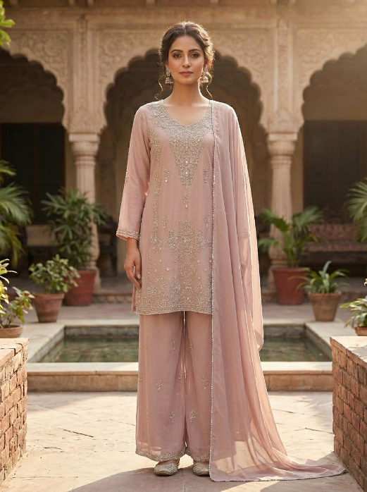 Light Brown Chiffon Zardozi Three Piece Suit