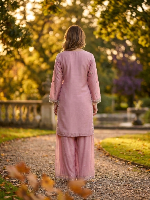 Light Pink Chiffon Zardozi Three Piece Suit