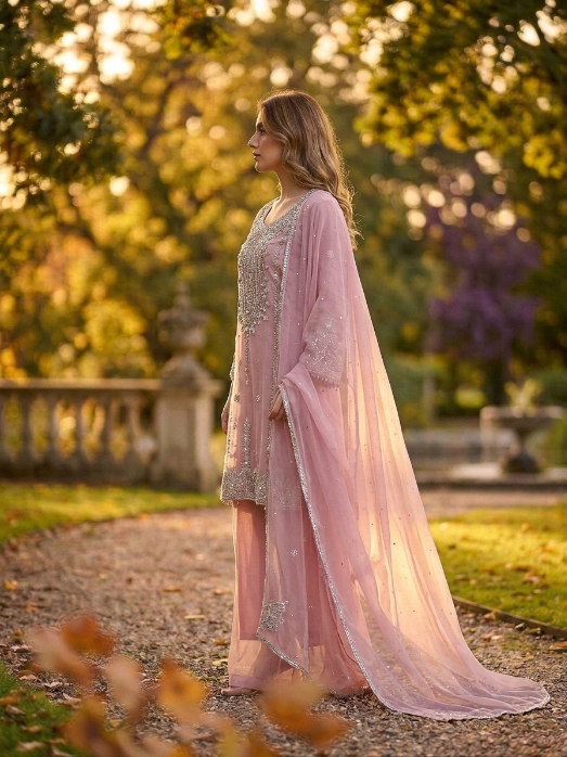 Light Pink Chiffon Zardozi Three Piece Suit