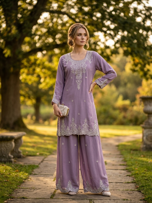 Light Purple Chiffon Zardozi Three-Piece Suit