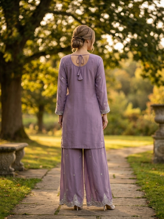 Light Purple Chiffon Zardozi Three-Piece Suit