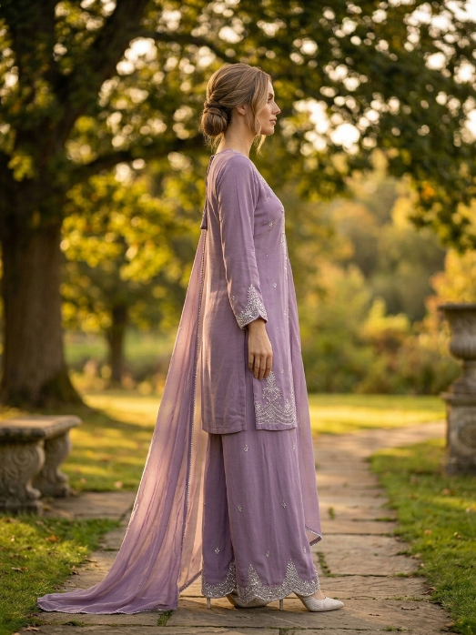 Light Purple Chiffon Zardozi Three-Piece Suit