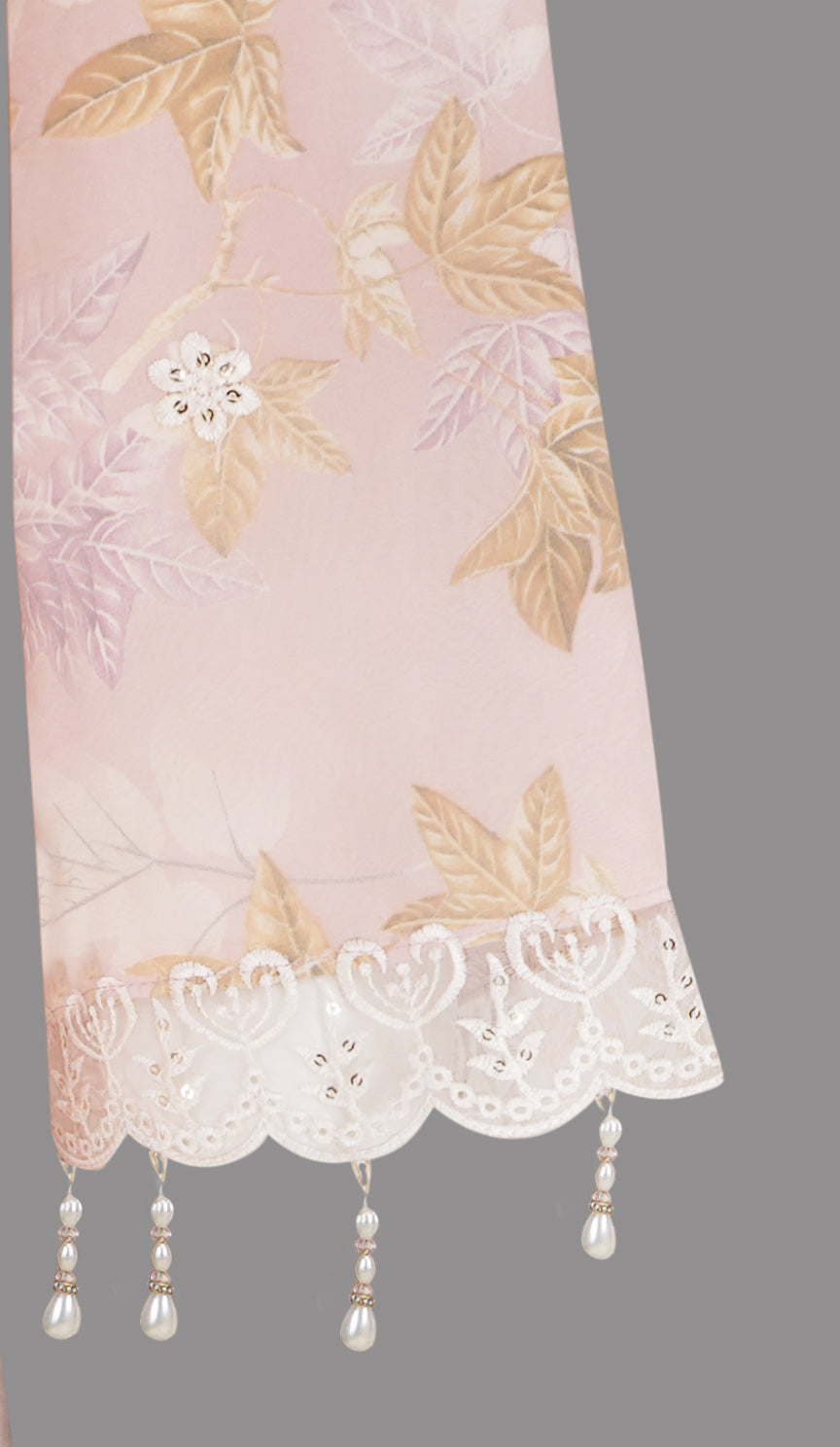 Soft Blush Organza Embroidered Three-Piece Set with Pearl Tassel Dupatta