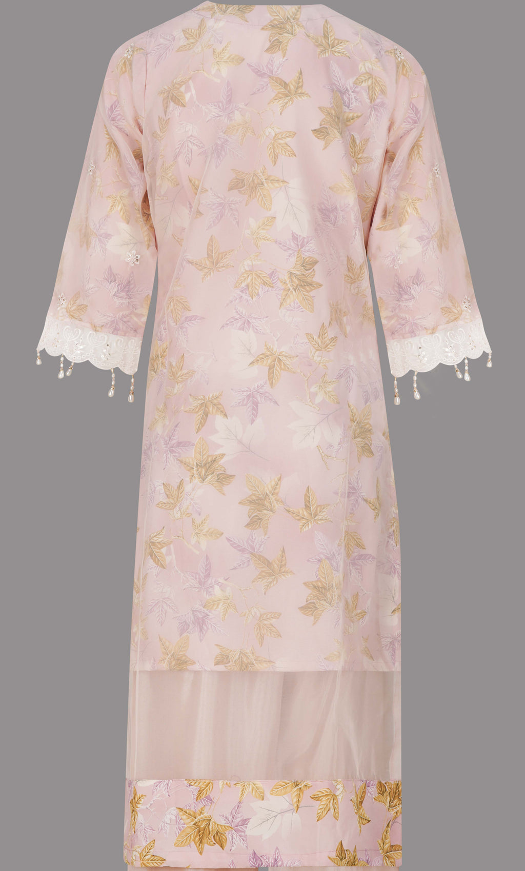 Soft Blush Organza Embroidered Three-Piece Set with Pearl Tassel Dupatta