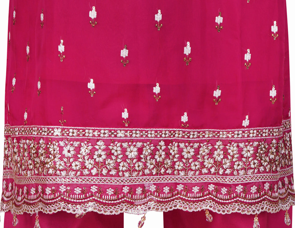 Raspberry Magenta Embroidered Organza Three-Piece Suit