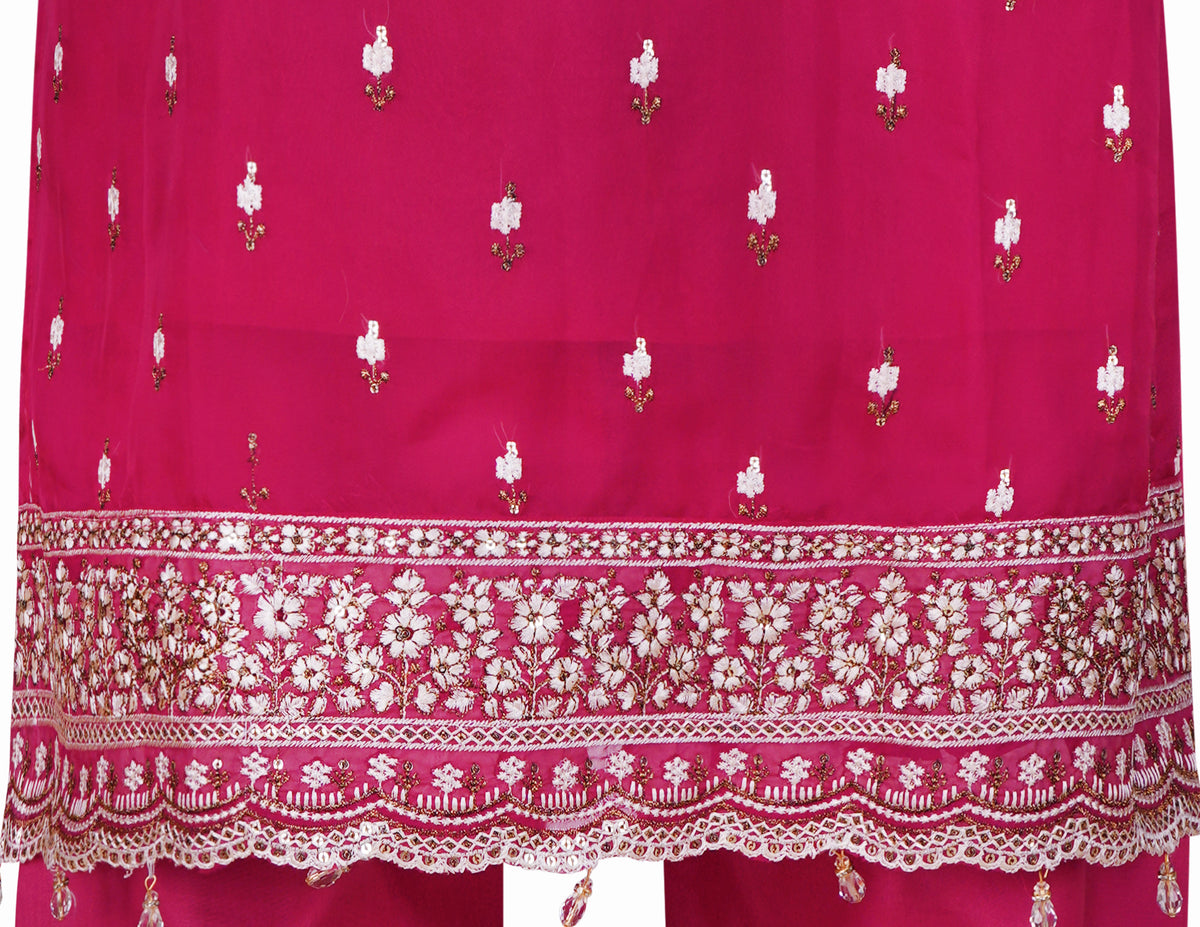 Raspberry Magenta Embroidered Organza Three-Piece Suit
