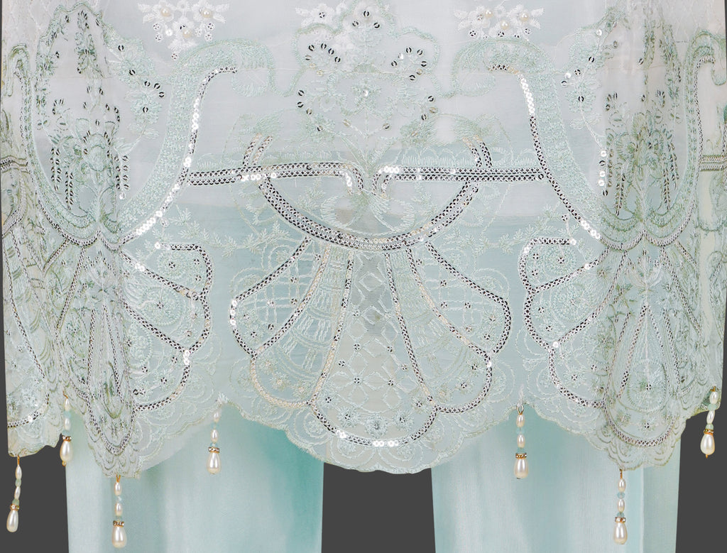 Ivory White and Ice Blue Embroidered Three-Piece Set