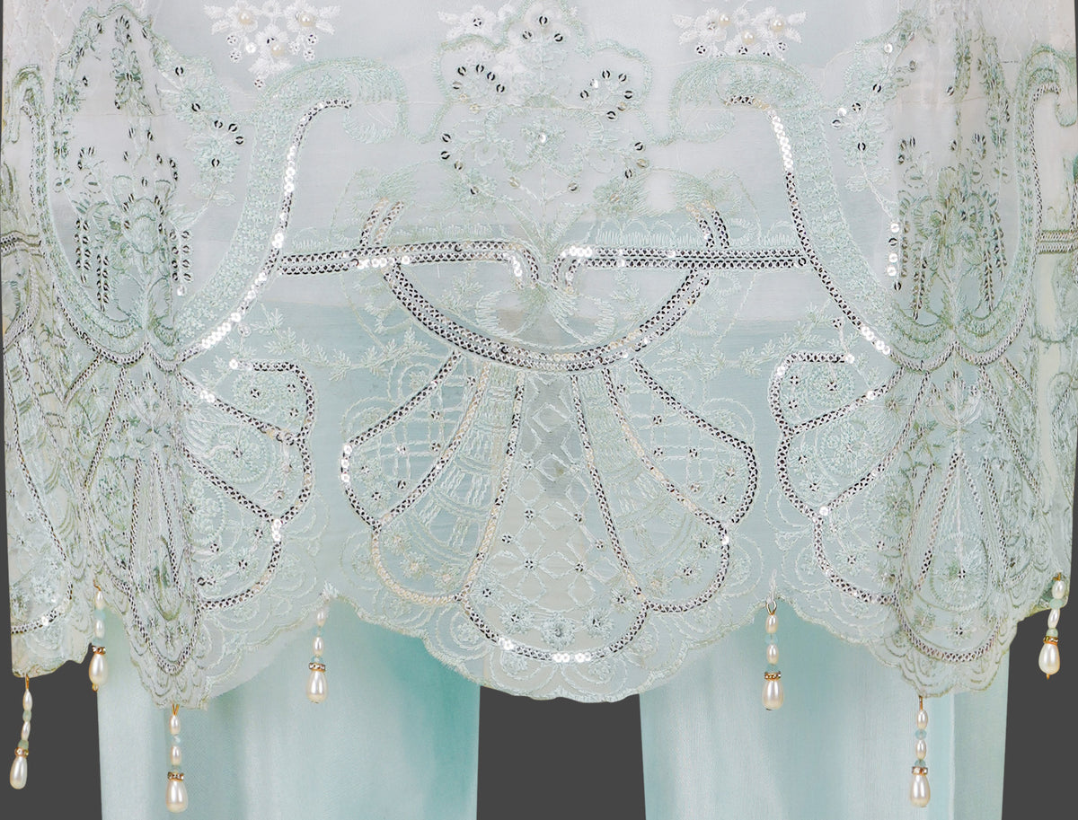 Ivory White and Ice Blue Embroidered Three-Piece Set