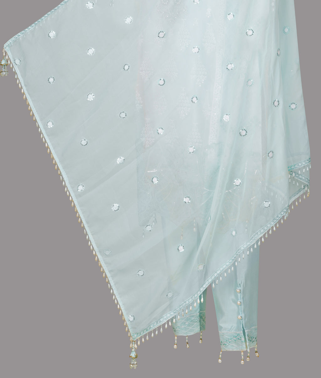Ivory White and Ice Blue Embroidered Three-Piece Set