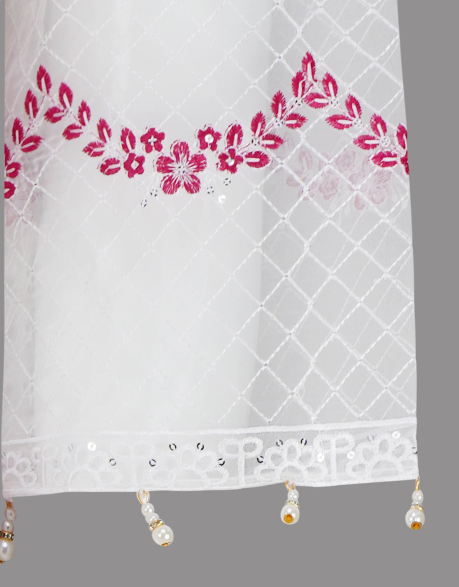 Ivory White And Magenta Pink Embroidered Three Piece Suit