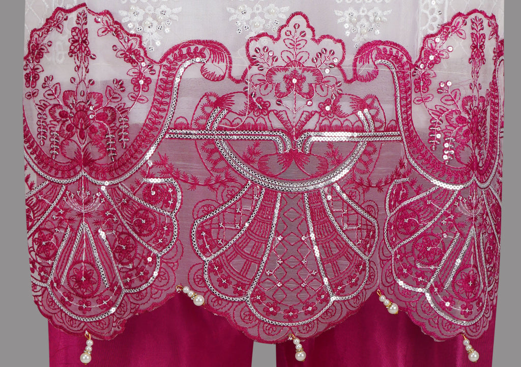 Ivory White And Magenta Pink Embroidered Three Piece Suit