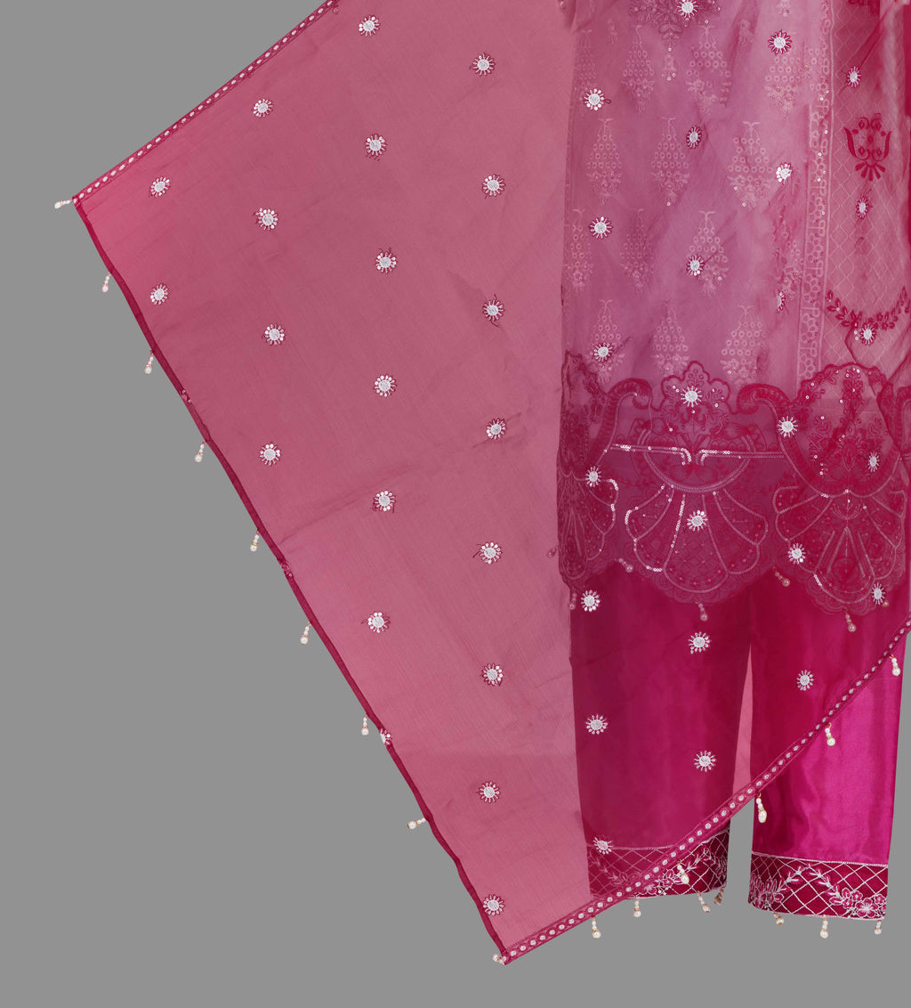 Ivory White And Magenta Pink Embroidered Three Piece Suit