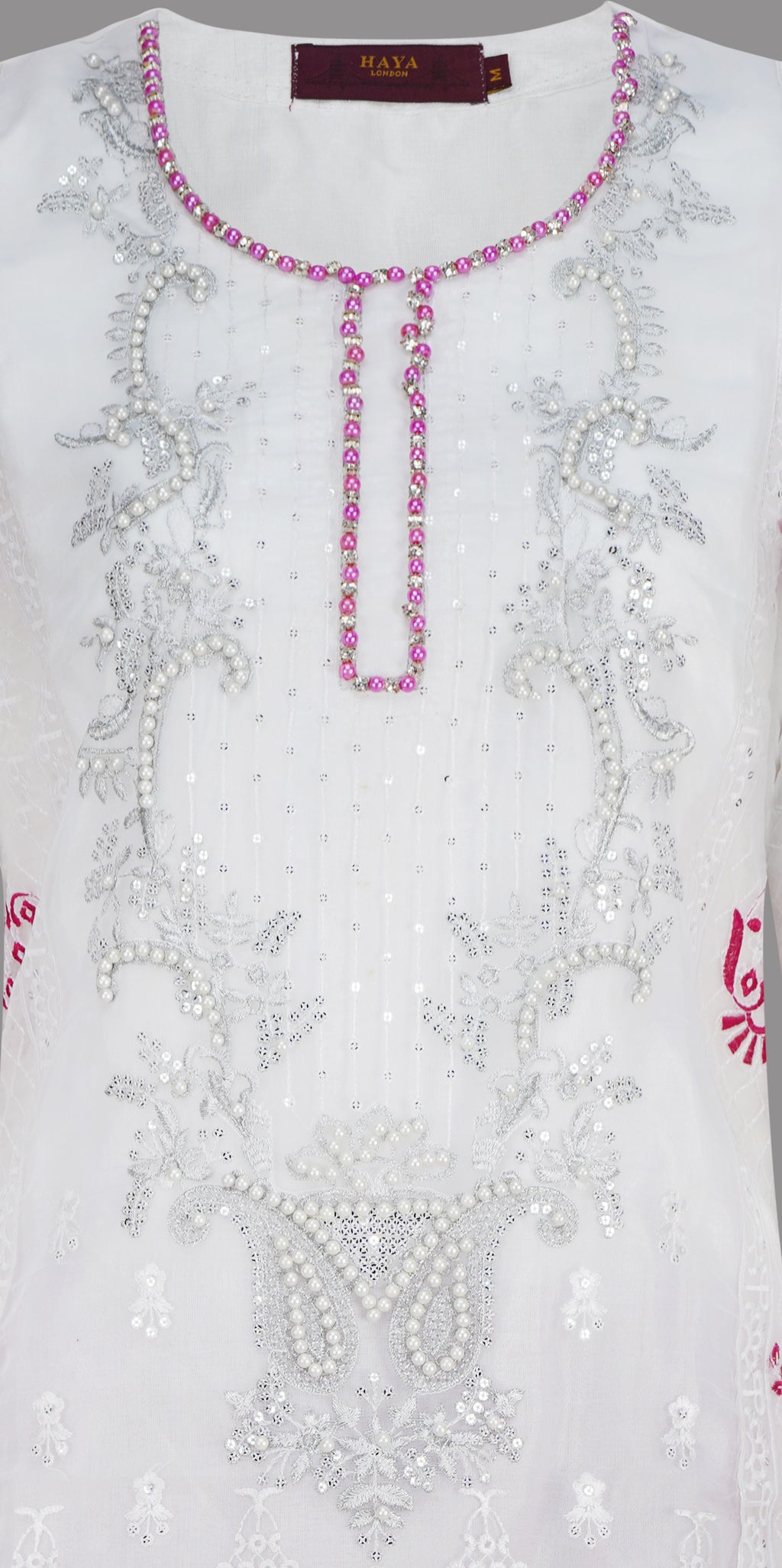 Ivory White And Magenta Pink Embroidered Three Piece Suit